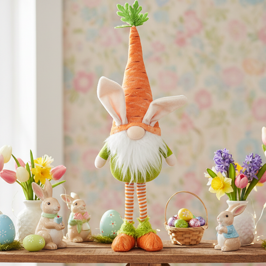 Easter-themed gnome with carrot hat on a table with Easter decorations.