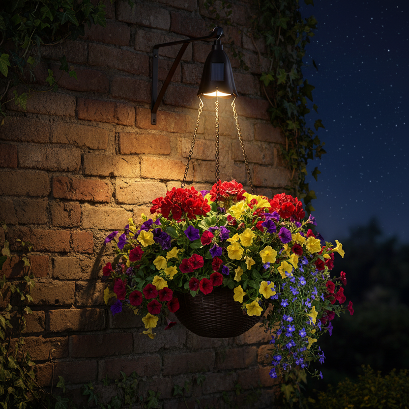 Hanging flower basket illuminated by a solar light against a brick wall at night.