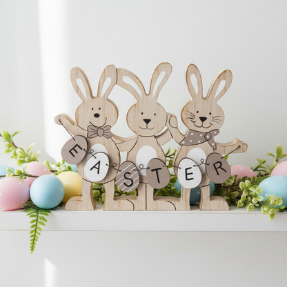 Wooden Easter bunnies with 'Easter' sign on a white surface with Easter eggs and flowers.