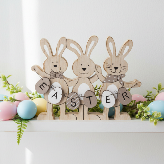 Wooden Easter bunnies with 'Easter' sign on a white surface with Easter eggs and flowers.