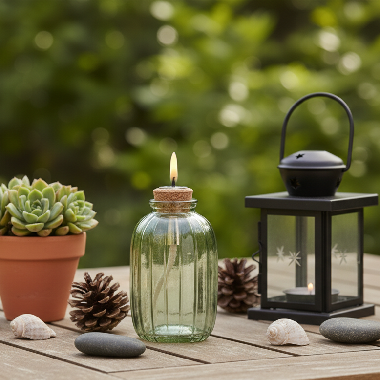 Glass bottle with cork lid containing a lit candle on a white background