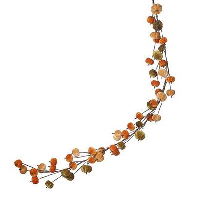 A velvet pumpkin garland decoration with a variety of pumpkin shapes in shades of orange, brown, and beige, arranged on a string.
