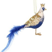 Load image into Gallery viewer, Blue and Gold Feather Pheasant Christmas Decoration
