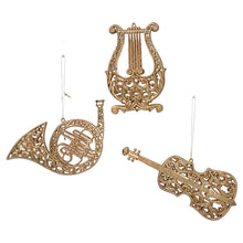 Load image into Gallery viewer, Set of 3 Old Gold Filigree instruments Christmas Tree Decoration
