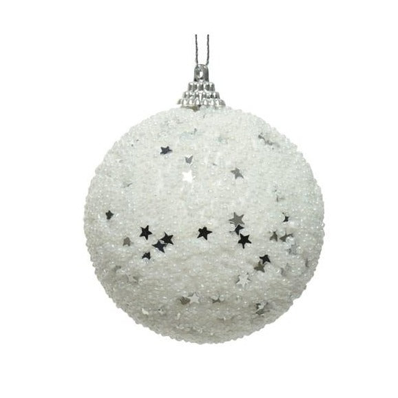 White Beaded and Silver Star Christmas Bauble 8cm