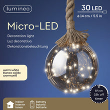 Load image into Gallery viewer, Lumineo Micro LED 14cm Ball with Jute Rope Hanging Decoration
