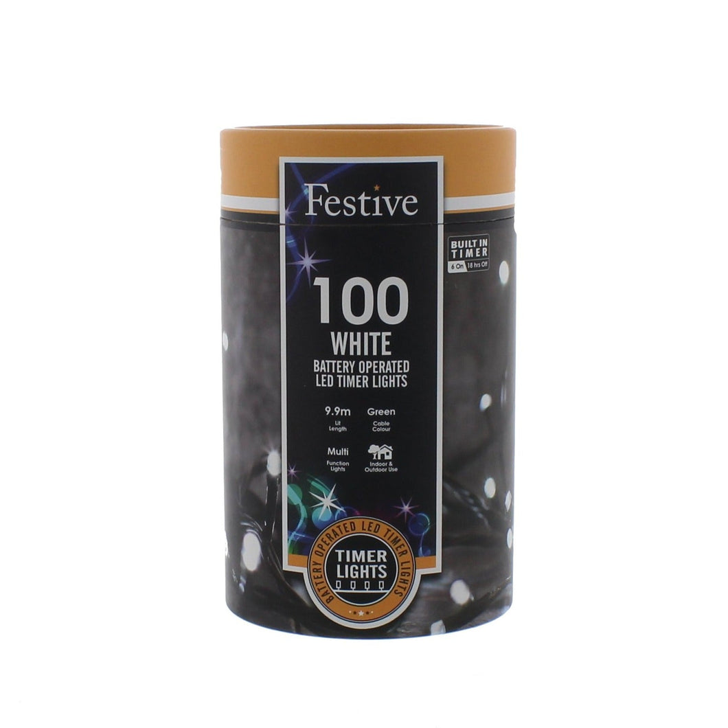 Festive 100 White Battery Operated String Lights