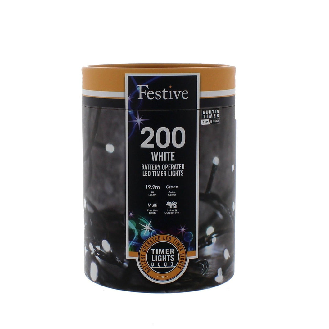 Festive 200 White Battery Operated String Lights