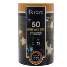 Load image into Gallery viewer, Festive 50 Warm White Star Battery Operated String Lights
