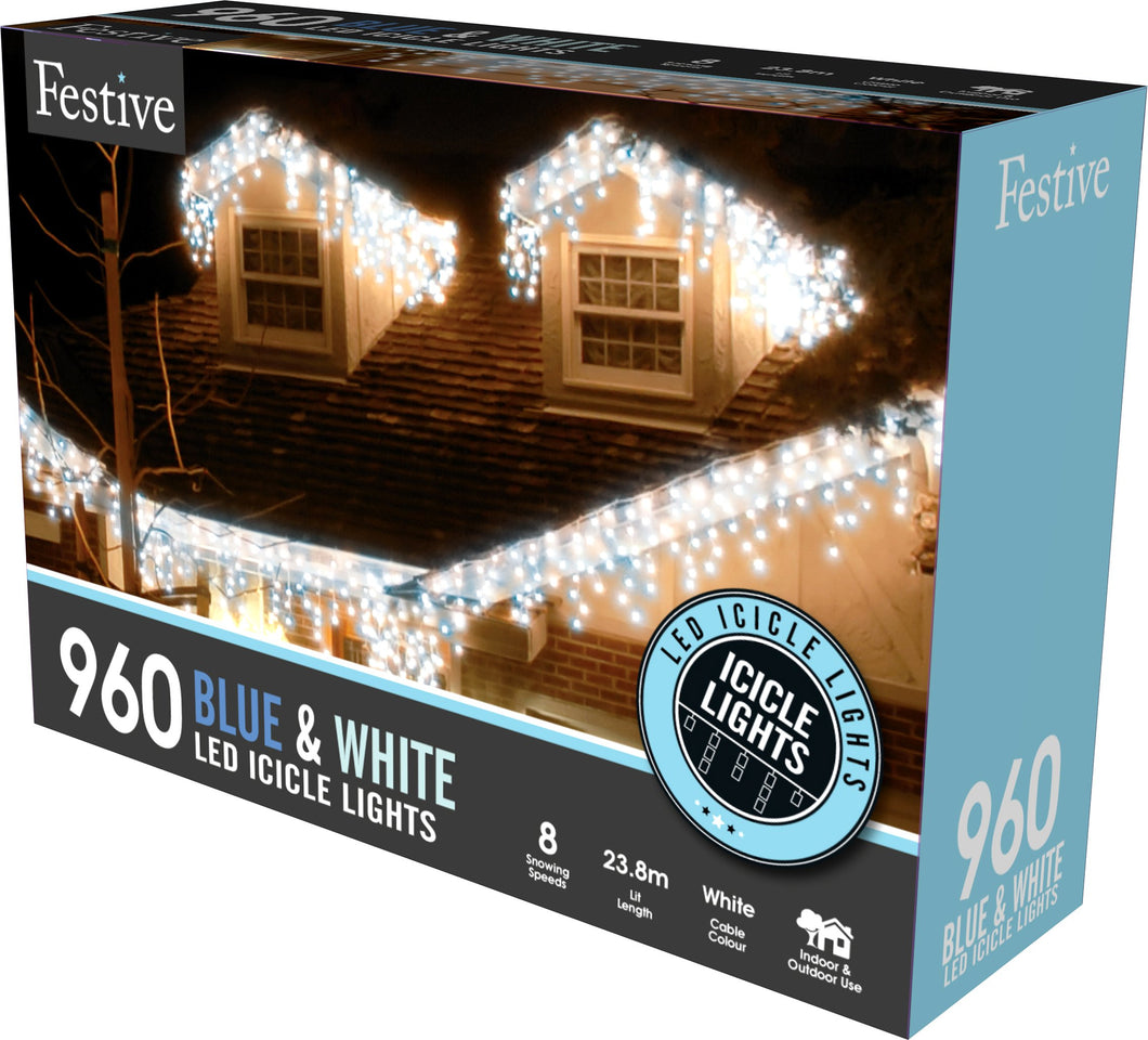 Festive 960 Blue & White Snowing Icicle Lights