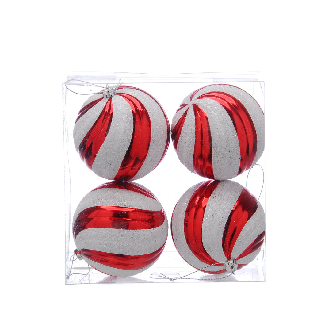 Festive Set of 4 Red and White Stripped Baubles 10cm