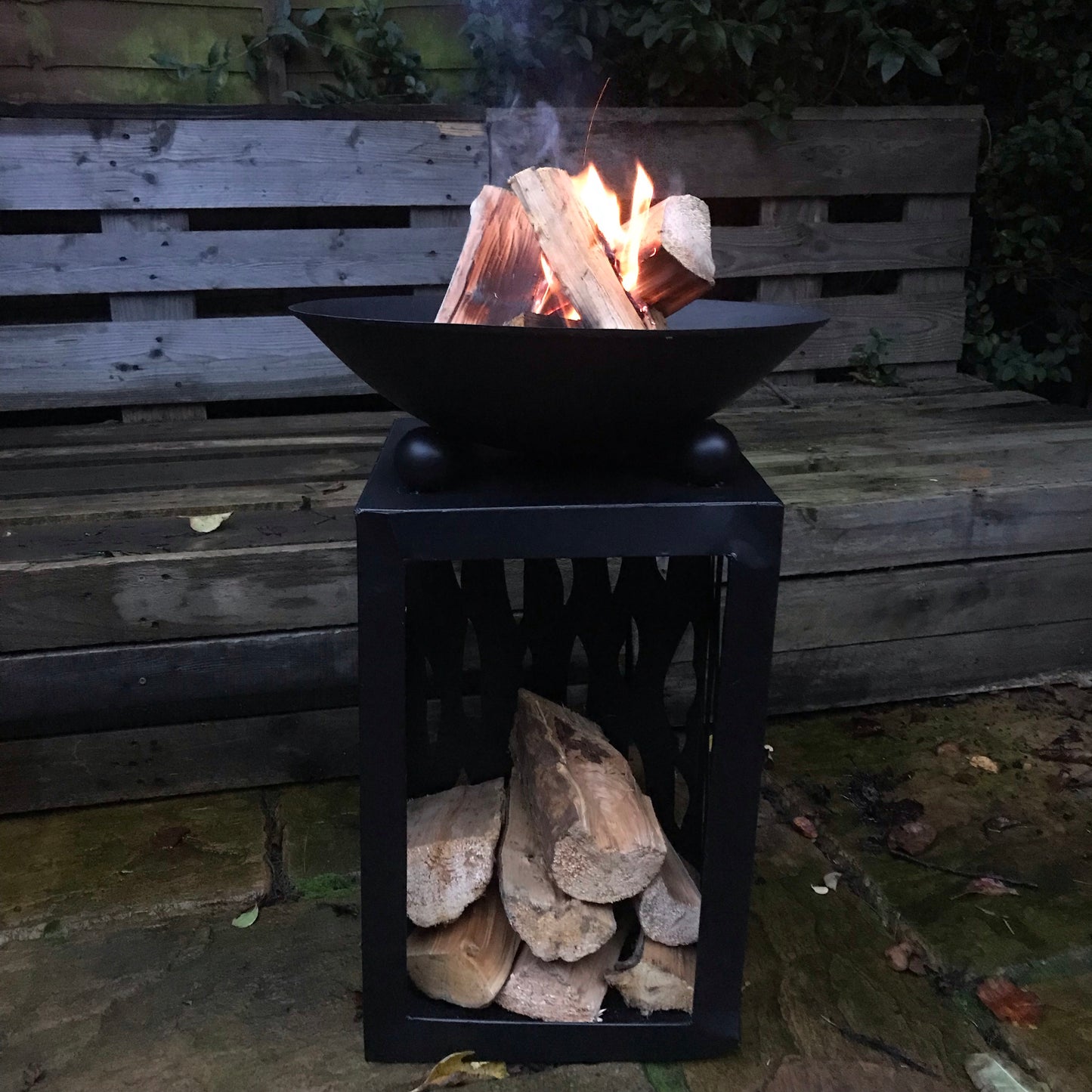 Black Fire Pit with Wood Store