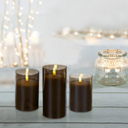 Set of 3 Flickabright Grey Glass Candles