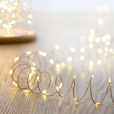 mirco led pin wire lights lay out on a wooden surface in a coil shape to show off the lights